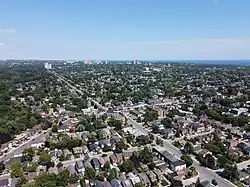 Aerial view of Old East York near Donlands Avenue in 2023