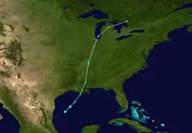 Map of the Gulf of Mexico depicting the track of Tropical Storm Olga and its extratropical stages.