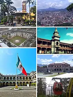 Clockwise, from upper left: San Miguel de Arcángel Cathedral, Panoramic of the city from El Borrego Hill, San José de Gracia Convent,  Palacio de Hierro, Orizaba City Hall, Mier y Pesado Polyforum, Orizaba cableway