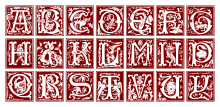 Ornamental lettering samples. The order of V and U letter places are swapped and the letters J, O, W, and Z.l are missing