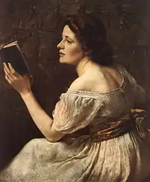 Portrait of a dark haired young woman turned away and reading a book, her dress being cut low, exposes her shoulders and upper back.