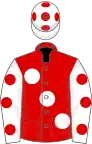 RED, large white spots, white sleeves, red spots, white cap, red spots