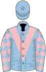 Light blue, pink chevron, diamonds on sleeves