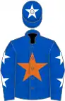 Royal blue, orange star, royal blue sleeves, white stars, royal blue cap, white star