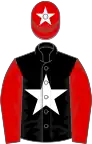 Black, white star, red sleeves, red cap, white star