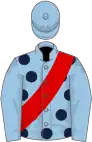 Light blue, dark blue spots on body, red sash