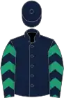 Dark blue, emerald green chevrons on sleeves, dark blue cap