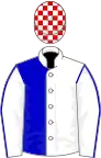 White and blue (halved), white sleeves, blue seams, red and white checked cap