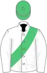 White, emerald green sash, emerald green cap