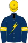 Navy, gold lightning bolt, navy sleeves, gold armlets, gold cap