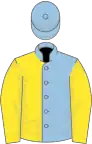 Light blue and yellow halved, yellow sleeves, light blue cap