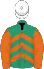 Emerald green, orange chevrons and sleeves, white cap