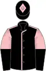 Black, pink seams, pink and black halved sleeves, black cap, pink diamond