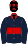 Dark blue, red hoop, collar and spots on black cap