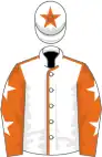 White, orange seams, orange sleeves, white stars, white cap, orange star