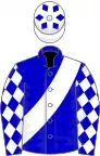 Blue, white sash, diamonds on sleeves, white cap, blue diamonds