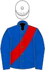 Royal blue, red sash, white cap