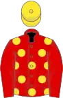 RED, yellow spots, red sleeves, yellow cap