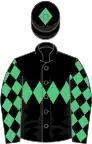 Black, emerald green triple diamond, diamonds on sleeves, black cap, emerald green diamond