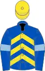 Royal blue, yellow chevrons, royal blue sleeves, light blue armlets, yellow cap