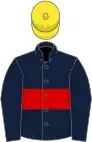 Dark blue, red hoop, dark blue sleeves, yellow cap