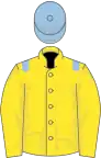 Yellow, light blue epaulettes, yellow sleeves, light blue cap