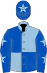 Light blue and royal blue (quartered), royal blue sleeves, light blue stars, royal blue cap, light blue star