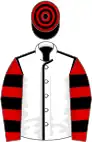 White, black seams, red and black hooped sleeves, black and red hooped cap