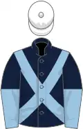 Dark blue, light blue cross sashes, dark blue and light blue halved sleeves, white cap