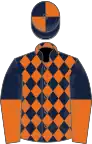 Dark blue and orange diamonds, halved sleeves, quartered cap