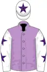 Mauve, white sleeves, purple stars, white cap, purple star