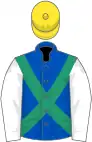 Royal blue, emerald green cross sashes, white sleeves, yellow cap