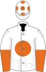 White, orange disc, halved sleeves, orange spots on cap