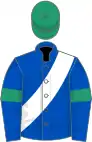 Royal blue, white sash, emerald green armlets and cap