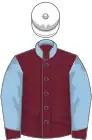 Claret, light blue collar and sleeves, claret cuffs, white cap