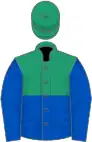 Emerald green and royal blue (halved horizontally) blue sleeves, emerald green cap