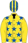 Yellow, royal blue stars on body, striped cap