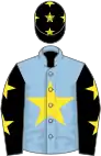 Light blue, yellow star, black sleeves, yellow stars and cap