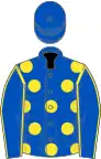 Royal blue, yellow spots, royal blue sleeves, yellow seams, royal blue cap