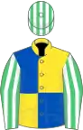 Yellow and royal blue quartered, emerald green and white striped sleeves and cap