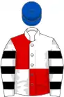 White and red (quartered), white and black hooped sleeves, royal blue cap