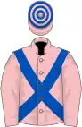 Pink, royal blue cross belts, hooped cap