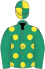 Emerald green, yellow spots, emerald green sleeves, quartered cap