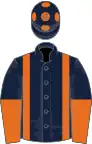 Dark blue, orange braces, halved sleeves, orange spots on cap