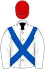 White, royal blue cross belts, red cap