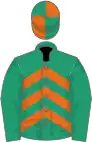 Emerald green, orange chevrons, emerald green sleeves, quartered cap