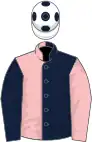 DARK BLUE and PINK HALVED, sleeves reversed, white cap, dark blue spots