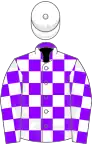 Violet and white check, white cap