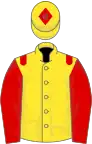 Yellow, red epaulettes and sleeves, red diamond on cap