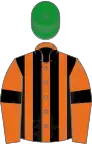 Orange and black stripes, orange sleeves, black armlets, green cap